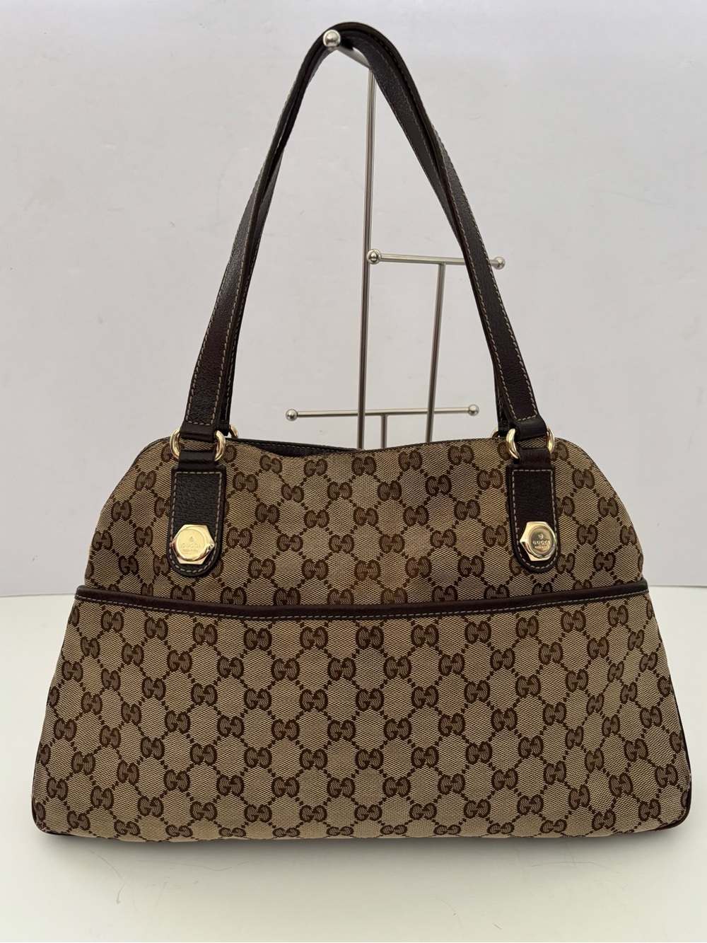 Gucci Brown Gold GG Canvas Leather Tote Shoulder
